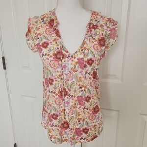NWT Lucky Brand Floral Cap Ruffle Sleeve Blouse Small